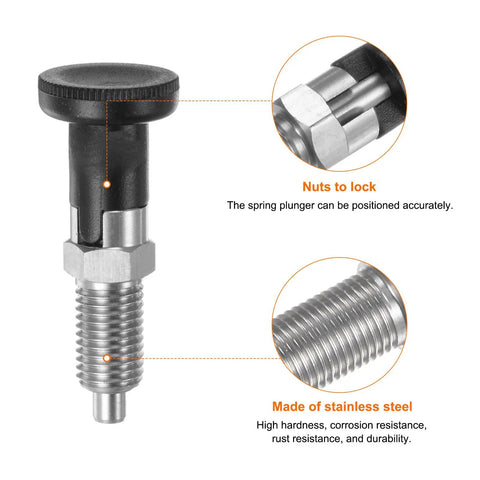 Pro Grade Three Pack Stainless Steel Ball Nose Spring Plungers With M12x1.5 Threads And A Six Millimeter Pin Diameter close-up of locking plunger with a durable stainless steel body.