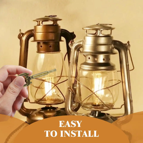 Set Of Four Heavy Duty Brass Finish Lamp Turn Knobs For Retro Lighting Fixtures Featuring Smooth Twist On Off Switches Crafted From Solid Zinc Alloy Hardware That Adds A Pretty Darn Cool Vintage Vibe To Your Home Setup, showing installation tool and lanterns.