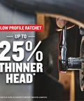 Close-up of low profile ratchet in use from 256 Piece Mechanics Tool Set With 72 Tooth Low Profile Ratchet And 2 Drawer Tool Box Pro Grade All In One Kit For Auto Home And Shop Projects Includes Sockets Wrenches And More