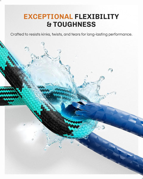 WELLUCK 50 ft garden hose with turquoise-black braided exterior and blue 10-function spray nozzle.