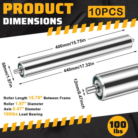 Illustrated dimensions of 10 Pcs Galvanized Steel Conveyor Rollers, 16 Inch Length, 2 Inch Diameter, heavy duty replacement rollers.
