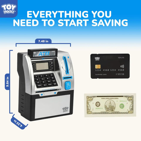 Kid Friendly Mini ATM Piggy Bank With Code Lock, Electronic Digital Money Counter And LCD Display, card and banknote shown