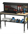 Flat Out Heavy Duty 60 Inch Workbench And Adjustable Height Stand 3000 Lbs Capacity Steel Frame Rubberwood Top with tools and pegboard.
