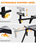 Universal Miter Saw Stand With Grid Tabletop showing extendable support arms and adjustment knobs for height and length.