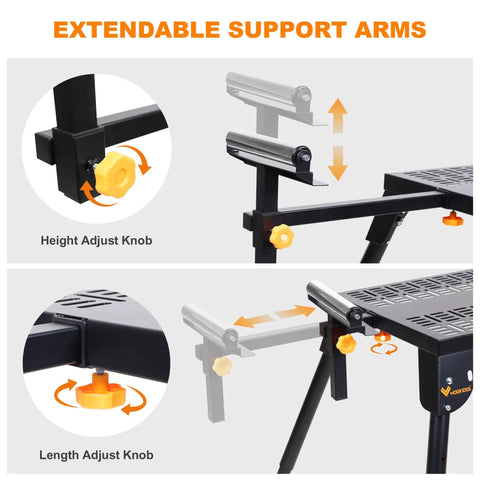 Universal Miter Saw Stand With Grid Tabletop showing extendable support arms and adjustment knobs for height and length.