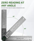 Heavy Duty Stainless Steel Digital Angle Finder With Dual Scale Folding Ruler And Big Clear Screen measuring at 45 degrees.