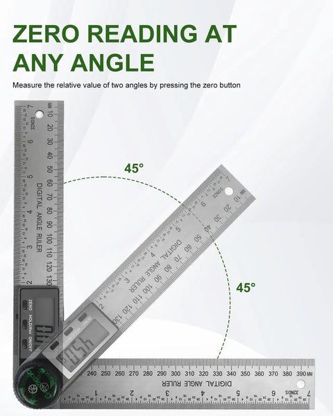 Heavy Duty Stainless Steel Digital Angle Finder With Dual Scale Folding Ruler And Big Clear Screen measuring at 45 degrees.