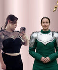 Two people wearing Medieval Steel Gorget With Pauldrons Armor Set For LARP And Cosplay, Knight Viking Crusader Style Shoulder Guards.