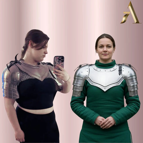 Two people wearing Medieval Steel Gorget With Pauldrons Armor Set For LARP And Cosplay, Knight Viking Crusader Style Shoulder Guards.