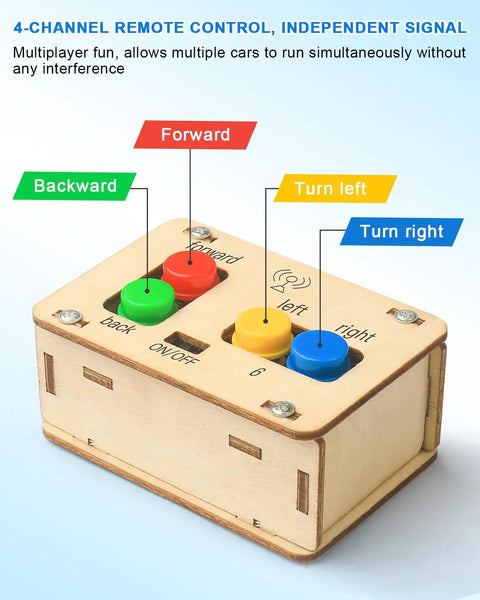 Remote control with colorful buttons for STEM Kits For Kids 8 To 12 Remote Control Car Build Kit With Wooden 3D Puzzles Science Projects.