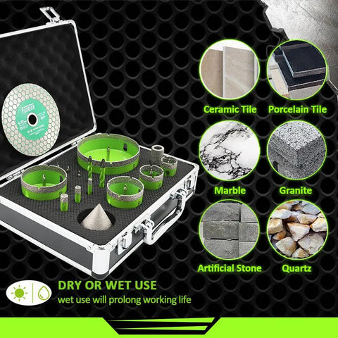 Built Tough Diamond Tile Hole Saw Kit 16 Piece Core Drill Set For Concrete Masonry Brick with green diamond bits in case.