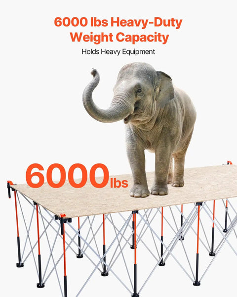Portable Folding Workstand with 6000 lbs capacity, shown supporting an elephant, for garages and workshops, no assembly required.