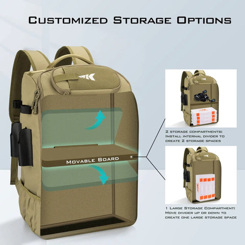 Fishing Tackle Backpack With Rod Holder And Four Tackle Boxes, 40/26L Capacity, showcasing customizable internal storage.