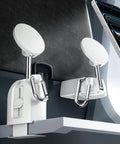 Grab And Go Travel Magnetic Airplane Phone Holder With 360 Degree Rotation Swivel Head in use on airplane tray with smartphone nearby.