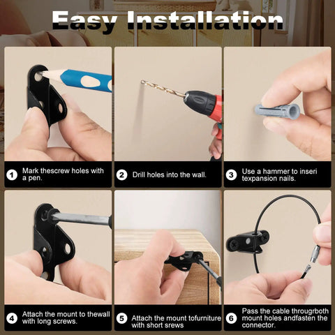 Installation steps for 10 Pack Furniture Anchors For Baby Proofing Anti Tip Wall Straps with visuals of drilling and attaching anchors.