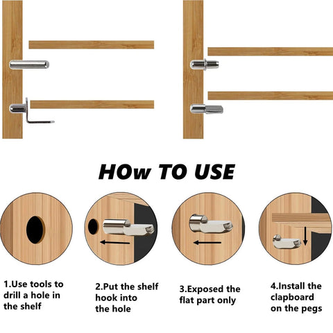 How to use guide for 120 Pcs Shelf Pins Kit with four styles nickel plated shelf support pegs for bookcases, cabinets, and closets.