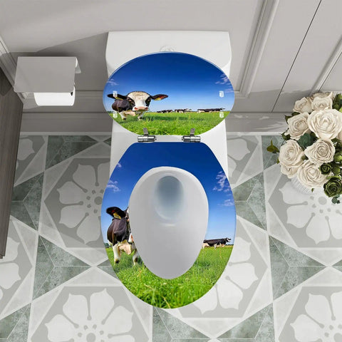 Elongated Toilet Seat with Quiet Close Quick Release in a unique cow design, measuring 14.5" x 18.5" for a fun bathroom upgrade.