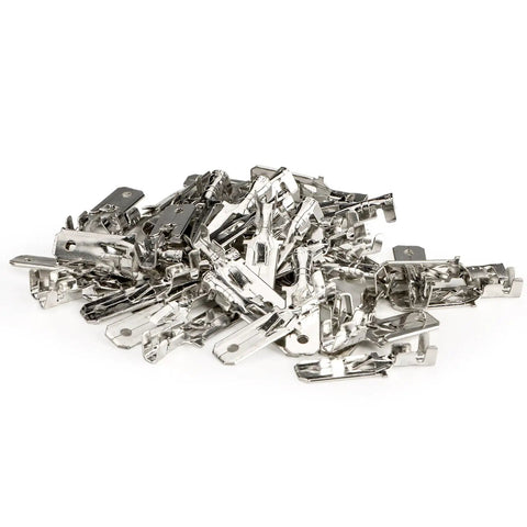 Pile of Heavy Duty Quarter-Inch Male Spade Terminals Tin-Plated Copper Quick Splice Crimp Connectors For 18-16 AWG Wire Pack Of 100