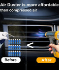 Using Powerful Cordless Electric Air Duster And Blower For Tech Cleaning on car interior with before and after comparison