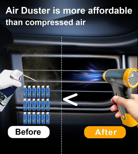 Using Powerful Cordless Electric Air Duster And Blower For Tech Cleaning on car interior with before and after comparison