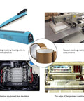 High Temperature Teflon Tape For Vacuum Sealer And Hand Impulse Sealers 2 Inch Wide 33 Feet Long Zero Point Thirteen Millimeter Thick Ideal For Wood Cabinets Drawers Furniture Heat Resistant Sealing shown with sealing machines and applications