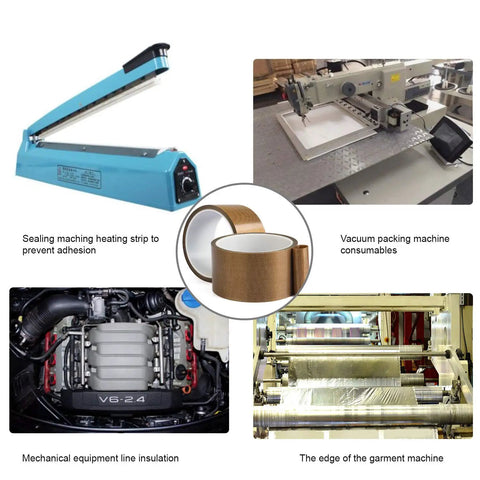 High Temperature Teflon Tape For Vacuum Sealer And Hand Impulse Sealers 2 Inch Wide 33 Feet Long Zero Point Thirteen Millimeter Thick Ideal For Wood Cabinets Drawers Furniture Heat Resistant Sealing shown with sealing machines and applications