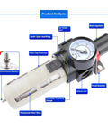 Pro Grade All In One Air Filter Regulator Combo With Gauge And Semi Auto Drain, One Quarter Inch NPT, 0 To 140 PSI Adjustable