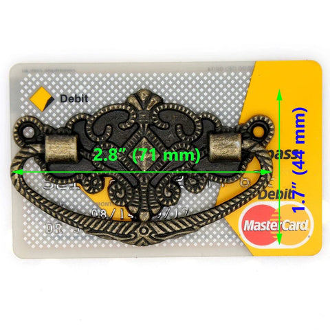 Six Pack Vintage Antique Brass Bail Pull Handles For Wooden Drawers And Cabinets 2.8 Inch Length And 1.7 Inch Height shown with size guide