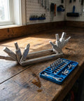 Eight In One Bike Multitool With Hex Keys 2mm 3mm 4mm 5mm 6mm Torx T25 And Phillips Screwdriver on wooden table