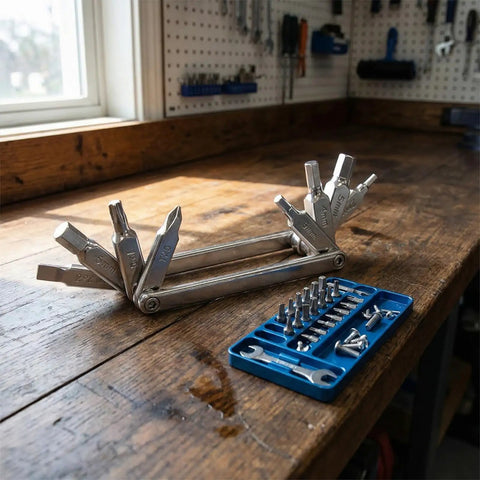 Eight In One Bike Multitool With Hex Keys 2mm 3mm 4mm 5mm 6mm Torx T25 And Phillips Screwdriver on wooden table