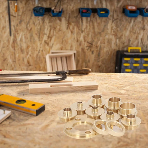 Heavy Duty 11 Piece Brass Router Template Bushing Guides With Storage Box For Woodworking Trim Tools Built Tough on workbench.