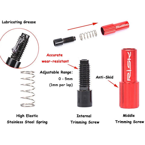 Red Aluminum CNC Bike Cable Adjusters Set For On The Fly Derailleur And Brake Tuning with internal trimming screws and springs