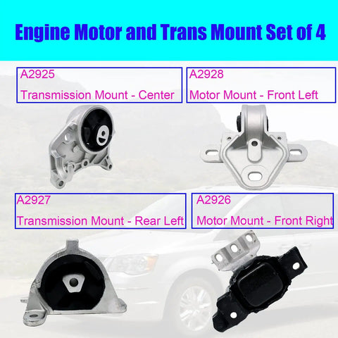 Built Tough Engine And Transmission Mount Set Of Four For 2001 To 2007 Chrysler Town And Country Dodge Caravan And Grand Caravan With 3.3L And 3.8L V6 Engines, featuring four individual mounts labeled A2925, A2926, A2927, A2928.