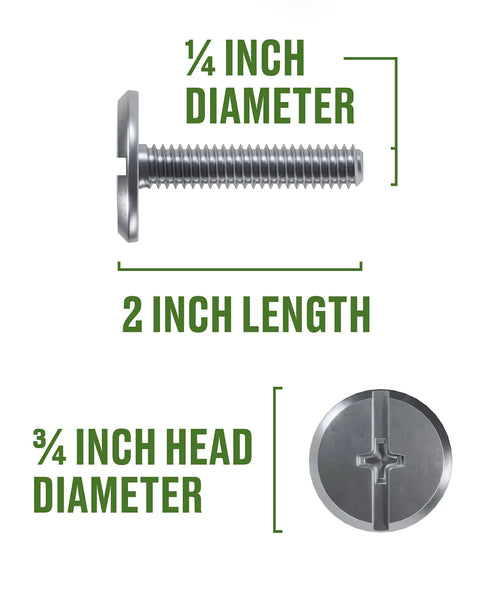 Stainless Hurricane Bolts With Combo Drive Low Profile Truss Head 1/4-20 x 2 showing dimensions for storm panels and shutters