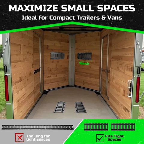 Interior of a trailer with E Track Tie Down Rail Kit 4 Pack 16 Inch Rails With 12 Ft Ratchet Straps O Rings Tie Offs for space optimization.