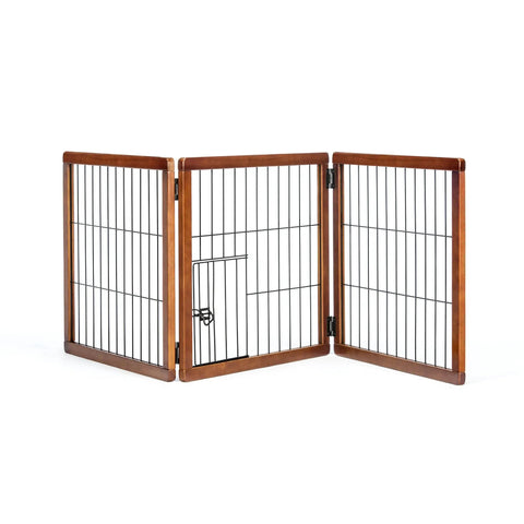 22 To 62 Inch Super Wide Dog Gate With Small Pet Door, Premium Wooden Three Panel Freestanding Gate for doorways and hallways