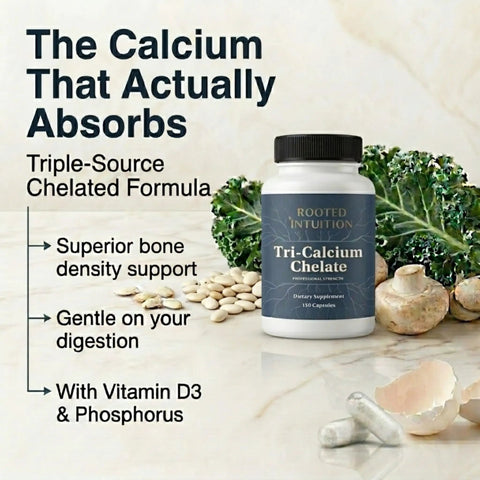 Calcium Supplement With Vitamin D3 500 Mg For Bone Density Boost High Absorption Multi Source Tri Calcium Chelate Skeletal Strength Heart Nerve Muscle Function 180 Capsules bottle with kale and ingredients.