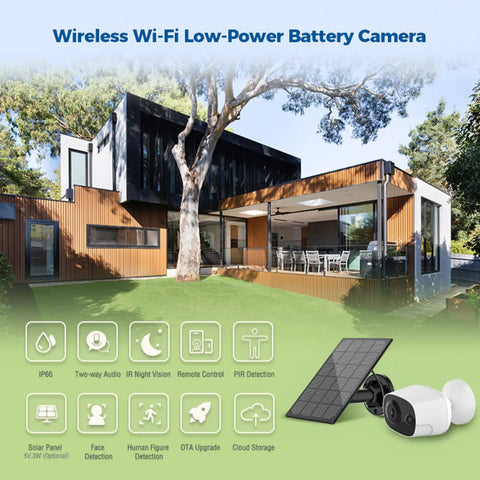 Wireless Outdoor Security Camera 1080P With Solar Panel And 5200mAh Battery 100 Percent Wire Free Power 2.4GHz WiFi IP66 Weatherproof Rechargeable Solar Powered Alexa And Google Assistant Compatible App Alerts shown with house and features list