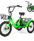 All Terrain Adult Electric Trike With Three Wheels Folding Design 450 Lb Load Up To 40 Miles Of Range At Fifteen Point Five To Nineteen MPH 750W Peak Motor With Removable Battery UL Certified Step Through E Trike For Easy City Cruising. green folding three wheel electric trike with basket and fat tires