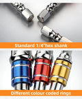 Impact Socket Adapter Extension Set Converts Your Drill To A Nut Driver With 1/4 Inch Hex Shank And 1/4 Inch 3/8 Inch 1/2 Inch Drive Cr-V Steel Anti Slip Locking For Fast DIY Home Repair 3 Piece with color-coded rings and standard hex shank.