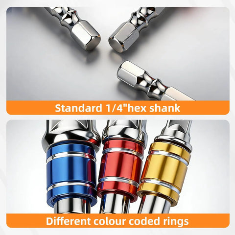 Impact Socket Adapter Extension Set Converts Your Drill To A Nut Driver With 1/4 Inch Hex Shank And 1/4 Inch 3/8 Inch 1/2 Inch Drive Cr-V Steel Anti Slip Locking For Fast DIY Home Repair 3 Piece with color-coded rings and standard hex shank.