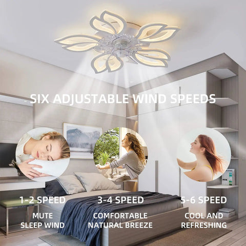25.1 Inch Ceiling Fan With Lights And Remote Control, LED flower shape flush mount in modern bedroom scene