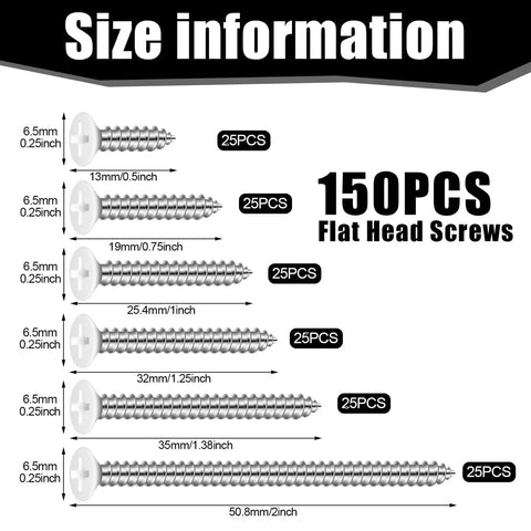 Diagram showing White Head Wood Screws Set 150 Pieces Size Six In Six Lengths Including Two Inch One And A Half Inch One And A Quarter Inch