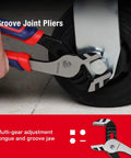 Cr V Pliers Set With 6 Inch Slip Joint Pliers, 8 Inch Groove Joint Pliers, 7 Inch Linesman Pliers, Long Nose Pliers, Diagonal Cutting Pliers, Plus Storage Pouch For Everyday DIY Repairs showing groove joint pliers adjusting a nut on a wheel.