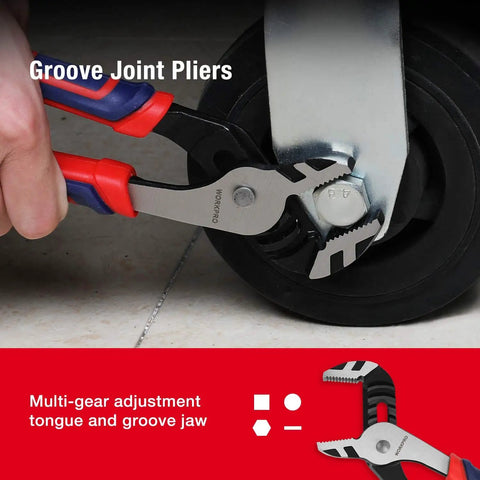 Cr V Pliers Set With 6 Inch Slip Joint Pliers, 8 Inch Groove Joint Pliers, 7 Inch Linesman Pliers, Long Nose Pliers, Diagonal Cutting Pliers, Plus Storage Pouch For Everyday DIY Repairs showing groove joint pliers adjusting a nut on a wheel.
