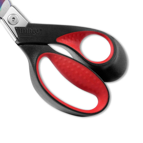 Handle of Heavy Duty Titanium Coated Stainless Steel Scissors Multipurpose Pro Shears for Industrial Use with red grips