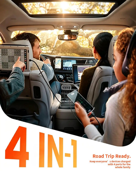 Interior of a car showing the Rolling With A Heavy Duty 120W Car Charger That Keeps All Your Gadgets Juiced With Blazing Fast Power Through Four Usb Ports Compatible With Every Standard Cigarette Lighter Outlet In Any 12 24 Volt Ride.