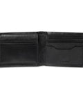 Open Mens RFID Blocking Leather Minimalist Bifold Wallet With ID Window Black Passcase, showing card slots and ID window