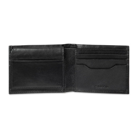Open Mens RFID Blocking Leather Minimalist Bifold Wallet With ID Window Black Passcase, showing card slots and ID window