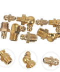 Grease Fitting Assortment Kit with Straight and Angled Nozzles for Automotive and Mechanical Use, brass fittings on white background.